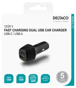 Deltaco 12/24V USB-billaddare 1xUSB-A 1xUSB-C 36W