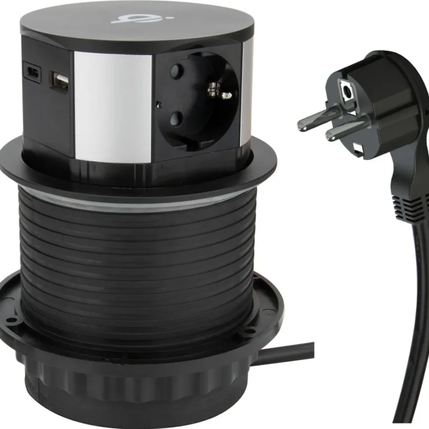 Namron Pop-Up Bordsmodul 3-vägsuttag 2xUSB Trådlös Laddning